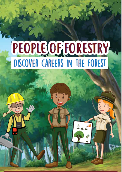 Forest background, animated children dressed like forestry professionals